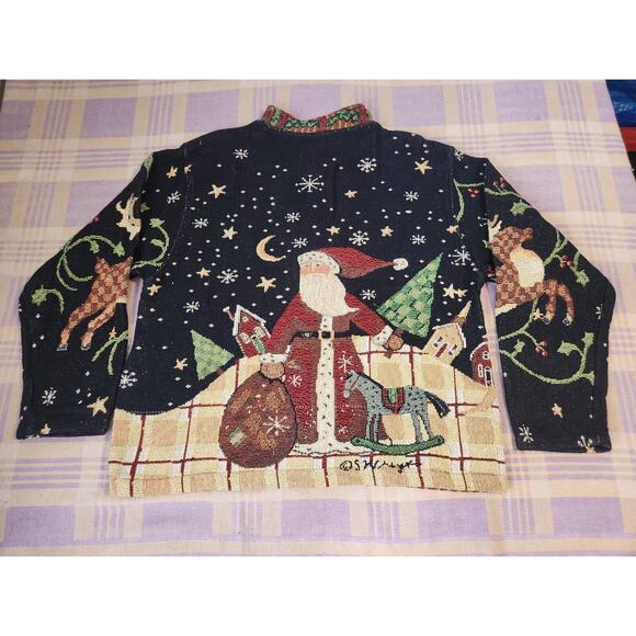 Vintage Sugar Street Weavers Tapestry Sweater Cardigan 90s Knit Santa Christmas - Picture 1 of 9